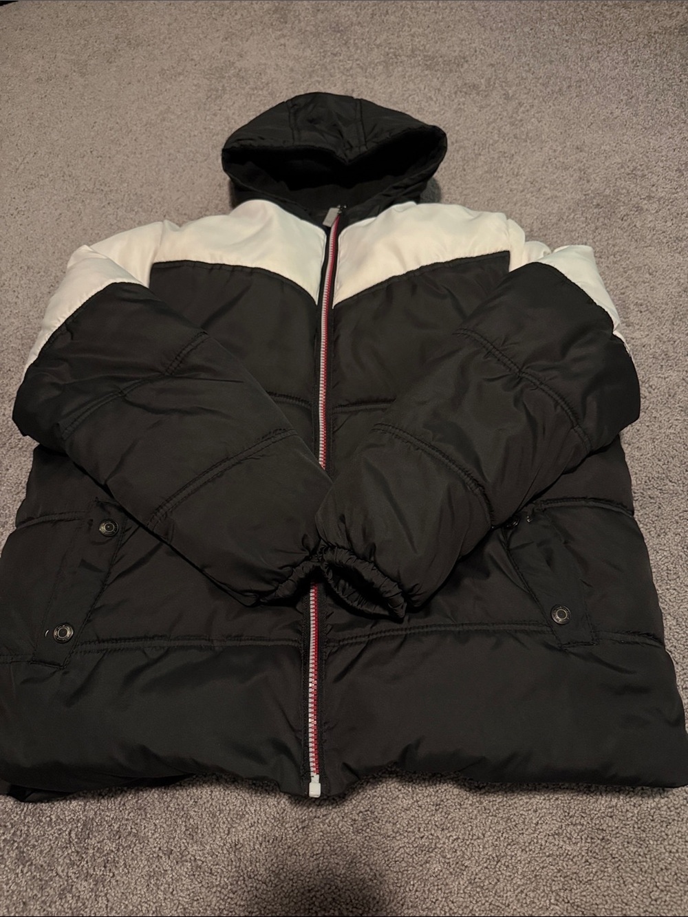 Kids Hooded Black and White Colorblock Puffer Jacket